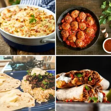 Images of cheapest meals for families including meat balls, burritos, rice and beans and baked pasta