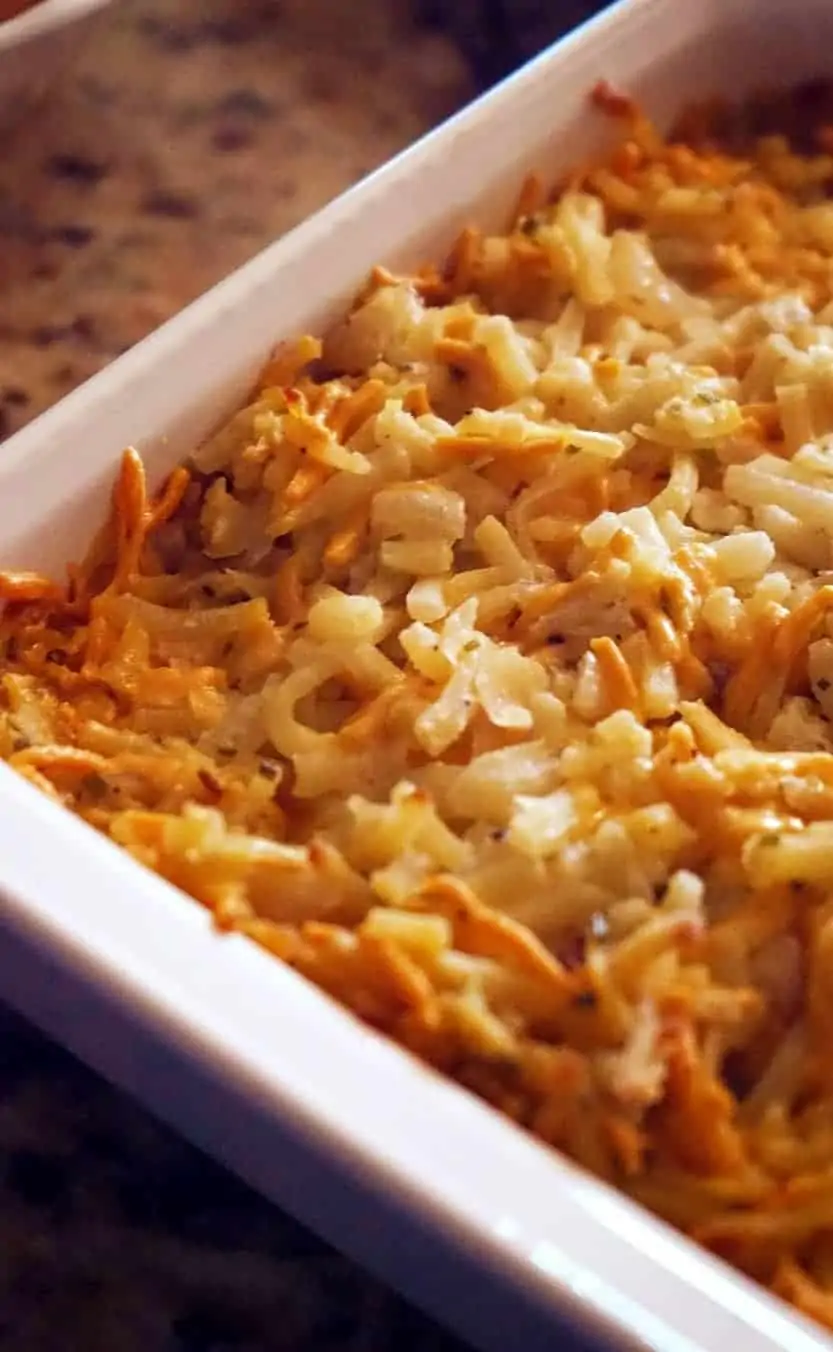 Vegan hashbrown casserole for your cheap Christmas dinner menu on a budget