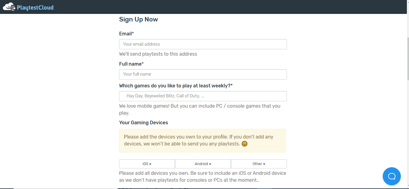 Playtestcloud sign up page