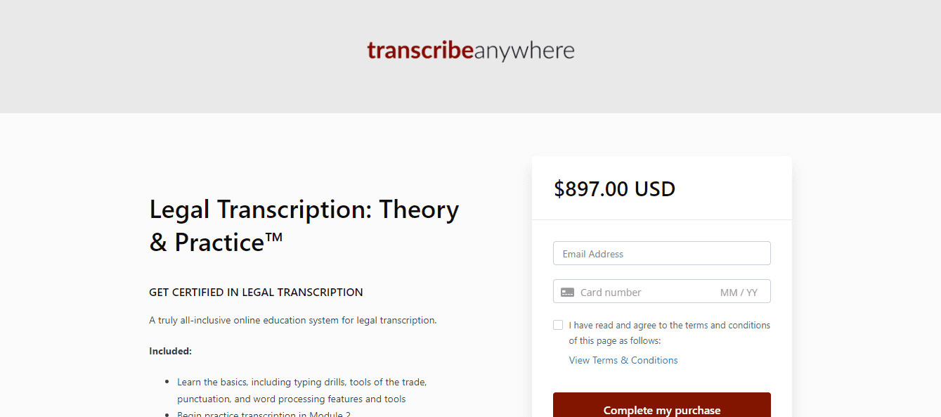 Transcribe Anywhere's legal transcription course price